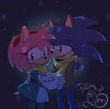 amy and sonic from sonic the hedgehog are hugging each other .