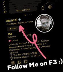 a black screen with a pink arrow pointing to the bottom of the screen with the words follow me on f3