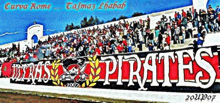 a painting of a crowd of people with a banner that says pirates on it