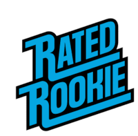 a blue and black logo for rated rookie on a white background