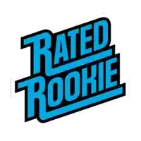 a blue and black logo for rated rookie on a white background