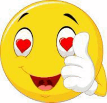 a cartoon smiley face with heart shaped eyes and a hand giving a thumbs up .