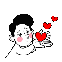 a black and white drawing of a man blowing a kiss on a red heart .