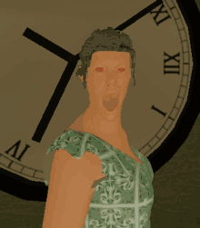 a woman with red eyes is standing in front of a clock that says xii