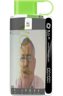 a green bottle with a picture of a man on a video call and the word s.i.l.c. on it