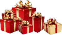 a stack of red and gold gift boxes with gold bows