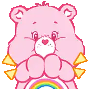 a pink care bear holding a rainbow in his paws
