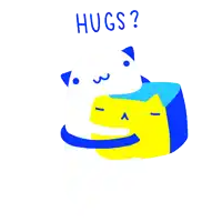 a cartoon of a cat hugging another cat with the words hugs written below it