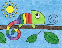 a drawing of a chameleon sitting on a branch with leaves .