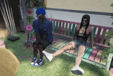 a man and a woman sit on a colorful bench in a video game