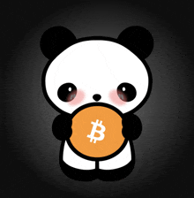 a panda bear holding a coin with a b on it