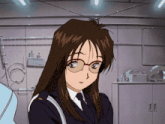 a woman in a police uniform and glasses stands in a dark room