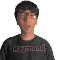 a man wearing glasses and a raymond shirt is making a funny face