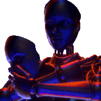 a statue of a robot with a blue face and red hands