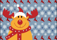 a reindeer wearing a santa hat and scarf is smiling