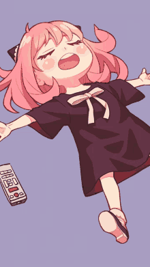 a girl with pink hair and a black dress is holding a remote