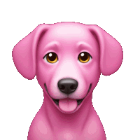 a pink dog with its tongue out is smiling