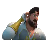 a cartoon man with a beard is holding his hand to his ear and looking surprised