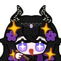 a cartoon character with horns and purple flowers on her head