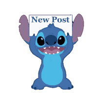 stitch holds up a sign that says new post