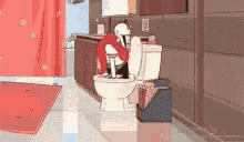 a cartoon character is sitting on a toilet in a bathroom with a red curtain .