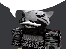 a person with a cat ear hat and a box that says castlers approve