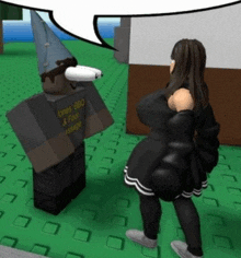 a woman in a black dress is standing next to a roblox character with a gun on his head .