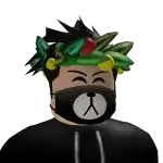 a roblox character wearing a mask and a crown of leaves on his head .