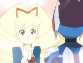 a girl with a bow in her hair looks at a robot
