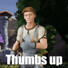a man in overalls stands in front of a tree with the words " thumbs up " below him
