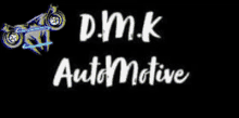 a logo for d.m.k automotive with a motorcycle