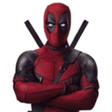 deadpool is standing with his arms crossed and a sword in his back .