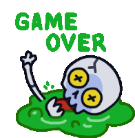 a cartoon of a dead skull with the words game over written above it