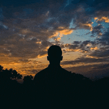 a silhouette of a man standing in front of a sunset sky with trees in the foreground .