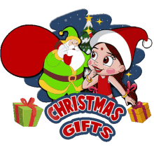 a cartoon of santa claus and a girl with the words christmas gifts