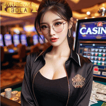 a woman wearing glasses is standing in front of a slot machine that says casino