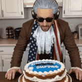 a man wearing a wig and sunglasses stands in front of a cake that says ' washington ' on it