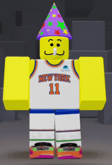 a lego character wearing a new york 11 jersey and a party hat