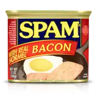 a can of spam with real bacon and hormel on a white background