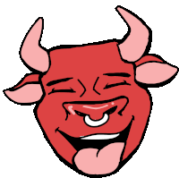 a cartoon drawing of a red bull with horns laughing