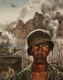 a painting of a man in a helmet with a tank in the background and a plane flying overhead