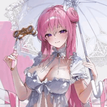 a girl with pink hair is holding an umbrella