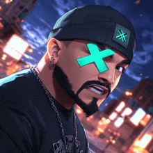 a man with a beard wears a hat with a green cross on his face