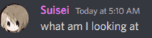 a screenshot of a discord conversation with suisei today at 5:10 am what am i looking at