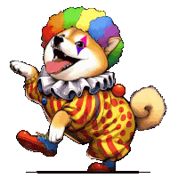 a cartoon of a dog dressed as a clown with a rainbow wig