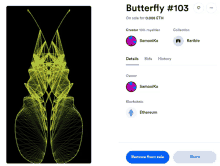 butterfly # 103 is on sale for 0.008 eth and has a blue share button