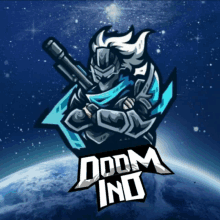 a logo for doom ind shows a man holding a cannon