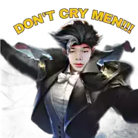 a man in a tuxedo with the words " do n't cry men " on the top