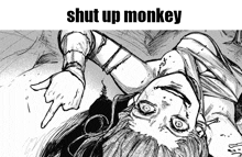 a black and white drawing of a woman laying on her back with the words shut up monkey below her