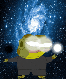 a cartoon frog is standing in front of a galaxy and holding a light